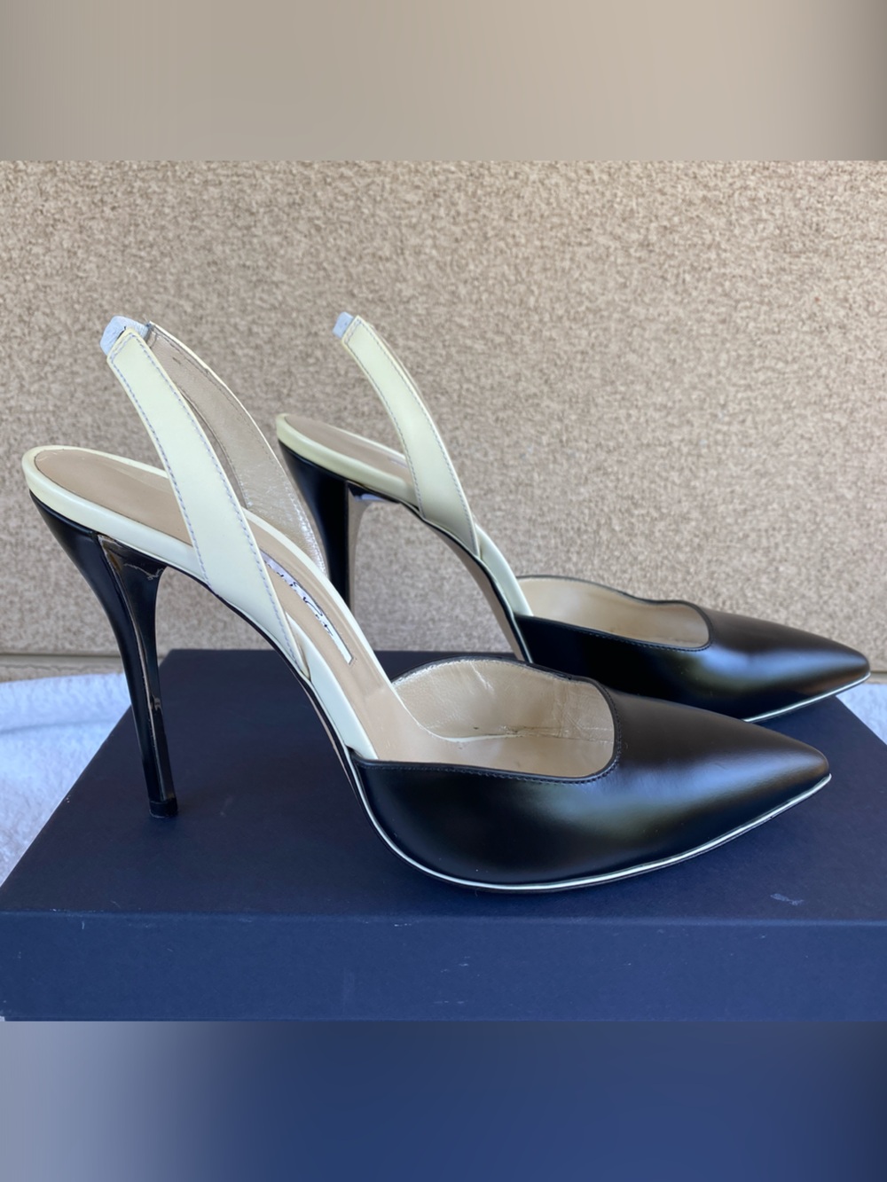 Oscar de la Renta “Iris” Black Leather Pointed Slingback Pumps with Cream Straps